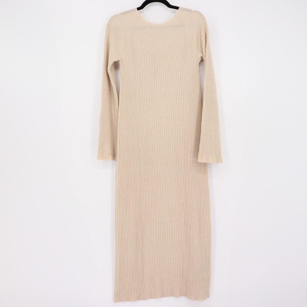 Theory Women's Ribbed Sweater Midi Dress Size S Beige Wool Cashmere Long Sleeve